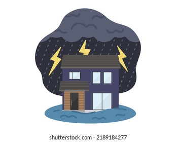 An illustration of a detached house that is flooded by a thunderstorm.