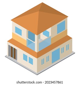 Illustration of a detached house. Two-stories, isometrics three-dimensional illustration