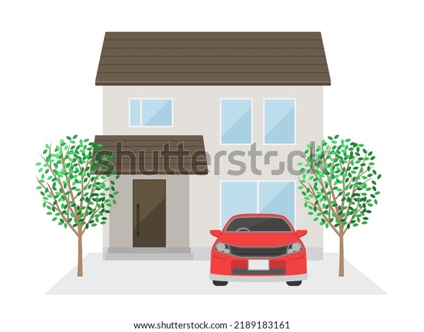 An illustration of a detached house where a car\
is parked.