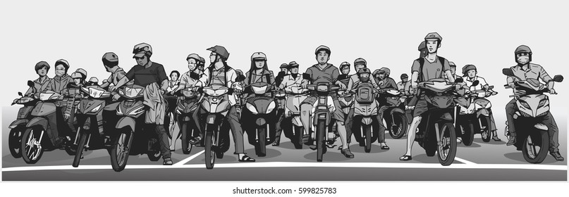 Illustration with detail of busy asian street with motorbikes and mopeds at stop sign in grey scale