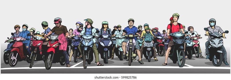 Illustration with detail of busy asian street with motorbikes and mopeds at stop sign in color