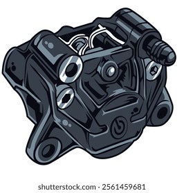 Illustration of a detailed black brake caliper, showcasing its precision engineering and robust design, ideal for automotive enthusiasts and mechanical art lovers