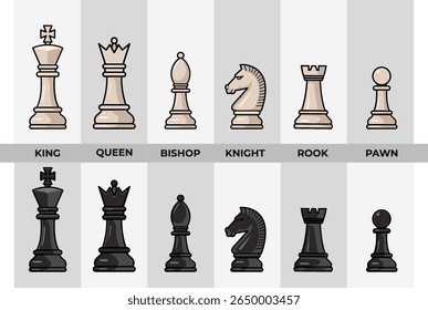 Illustration of detailed chess pieces, showcasing both white and black sets, including the king, queen, bishop, knight, rook, and pawn. Perfect for educational, strategic, and artistic presentations.
