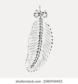 Illustration of a detailed, decorative feather with intricate patterns, featuring a delicate bow at the top, set against a light background. Vintage art illustration, vector.