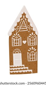 Illustration of detailed gingerbread house with white icing decorations and heart shaped accents. Vector hand drawn drawing in flat style isolated on white background