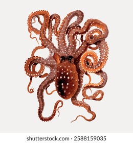 Illustration of a detailed octopus with long tentacles and intricate patterns. The octopus is depicted with a focus on its tentacles and patterns. Marine life vintage vector illustration.