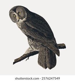 Illustration of a detailed owl perched on a branch. The owl features intricate feather patterns and bright yellow eyes, creating a striking owl depiction. Vintage animal illustration isolated, vector.