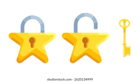 Illustration of detailed star shaped locks with open and closed lock and key. Set of lock and key in modern style.