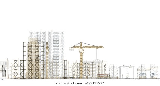 The illustration is a detailed technical drawing of a construction site, showcasing structural framework and scaffolding of tall building under development. It includes multiple cranes, support beams