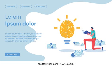 Illustration Detailing Concept Bright Idea, Slide. Guy in Casual Clothes Kneels with an Open Book in his Hands and Looks at Human Brain. Broken and Extinct Light Bulbs Lie on Floor.