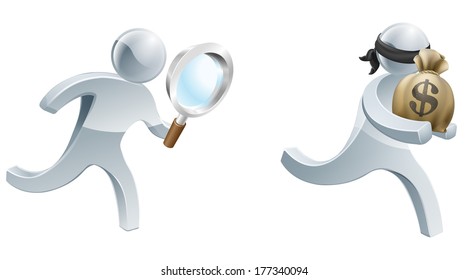 An illustration of a detective character with magnifying glass chasing a thief with a money sack