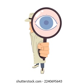 illustration of a detective in a hat and cloak looking into a magnifying glass, big eye, cartoon style, line art, children's illustration, flat style