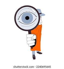 illustration of a detective in a hat and cloak looking into a magnifying glass, big eye, cartoon style, line art, children's illustration, flat style