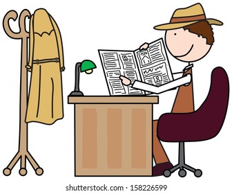 Illustration of a detective in his office - cartoon style