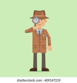 Illustration of a detective holding a magnifying glass. Confident detective in brown coat searching, investigating, inspecting. Flat style vector illustration