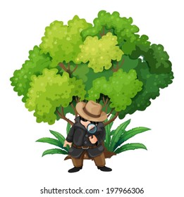 Illustration of a detective near the big tree on a white background