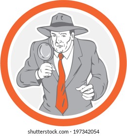 Illustration of a detective policeman police officer holding magnifying glass set inside circle on isolated background done in retro style.