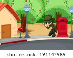 Illustration of a detective at the road with a magnifying lens