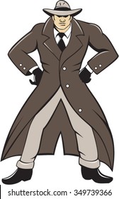 Illustration of a detective wearing trenchcoat and hat with hands akimbo viewed from front set on isolated white background done in cartoon style. 