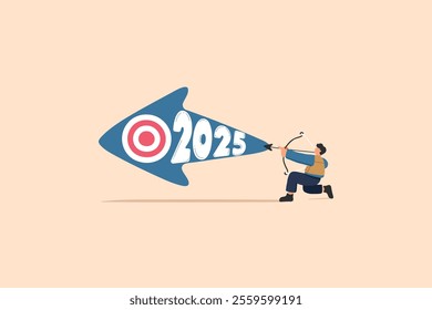 An illustration of a determined archer aiming an arrow toward a bold target marked 2025, symbolizing business goals, strategic focus, and achieving success in the upcoming year.