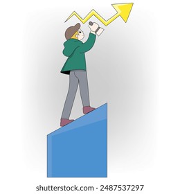 An illustration of a determined businessman climbing a rising graph, holding a megaphone, and pointing at an upward arrow.