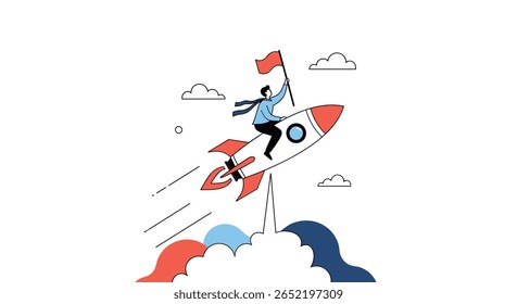 Illustration of a determined businessman riding a rocket ship soaring upwards towards a bright future achievement and success