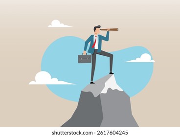 An illustration of a determined businessman standing on the summit of a mountain, holding a briefcase and looking into the distance through a telescope