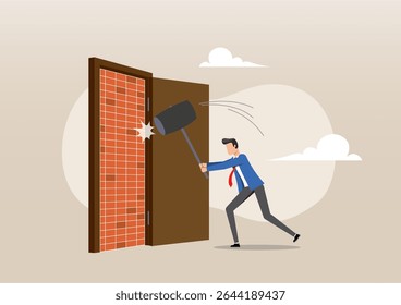Ilustração de um determinado empresário usando uma grande marreta para quebrar uma parede de tijolos escondida atrás de uma porta aberta