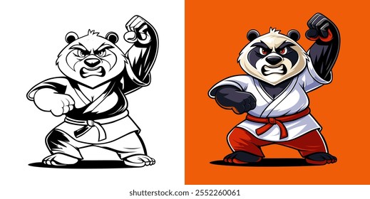 Ilustração de um determinado panda de desenho animado vestido com trajes tradicionais de artes marciais, mostrando uma postura de caratê dinâmica e feroz. Fundo dividido destaca o foco e a energia do panda.