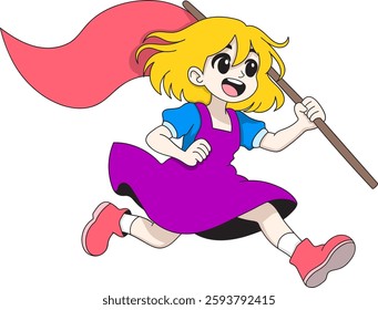 Illustration of a determined young girl with blonde hair, wearing a purple dress and running while holding a red flag, symbolizing struggle and victory