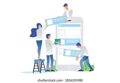 Illustration Of Developer Team Are Building A User Interface App From Scratch. Teamwork, Building, Ui Illustration, Banner, Startup. Vector Flat Illustration