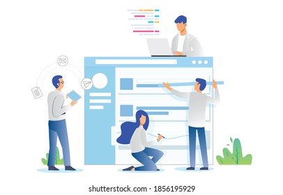 Illustration Of Developer Team Are Building A Website From Scratch. Teamwork, Building, Ui Illustration, Banner, Startup. Vector Flat Illustration