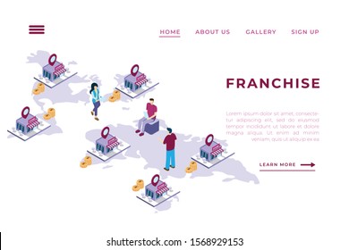 illustration of the development of a company with a franchise system with the concept of isometric landing pages and web headers