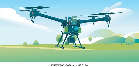Ilustração do desenvolvimento da ciência e tecnologia rural na China, com operações de veículos aéreos não tripulados em terras agrícolas.
