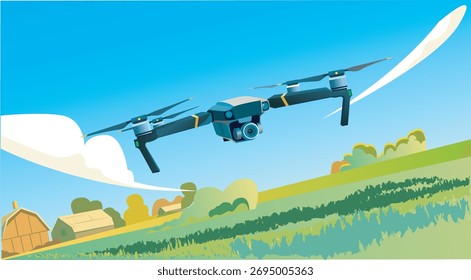 Ilustração do desenvolvimento da ciência e tecnologia rural na China, com operações de veículos aéreos não tripulados em terras agrícolas.