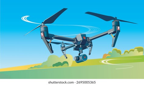 Ilustração do desenvolvimento da ciência e tecnologia rural na China, com operações de veículos aéreos não tripulados em terras agrícolas.