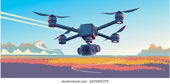 Ilustração do desenvolvimento da ciência e tecnologia rural na China, com operações de veículos aéreos não tripulados em terras agrícolas.