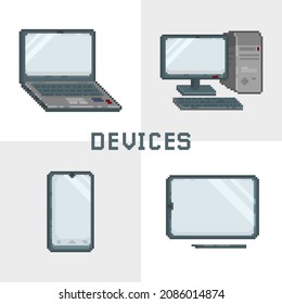 An illustration of device set. Laptop, computer, phone, and tablet. All devices are green and blue colored in pixel art style. Modern and simple vector.