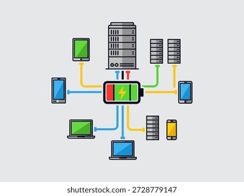 Illustration of devices connected to a central hub and servers