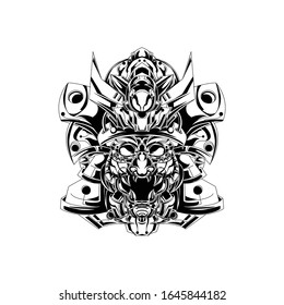 an illustration of the devil by using a Japanese samurai hat and a robotic