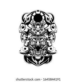 an illustration of the devil by using a Japanese samurai hat and a robotic