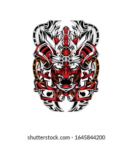 an illustration of the devil by using a Japanese samurai hat and a robotic