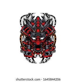 an illustration of the devil by using a Japanese samurai hat and a robotic