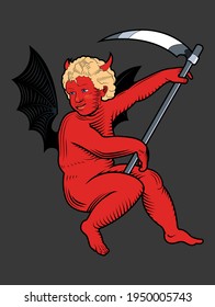 An illustration devil cherub holding sickle in relaxed position  inspired by the renaissance period  pop artwork   modern tattoo culture  