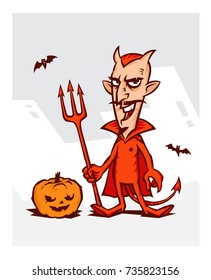 Illustration of the devil for the holiday of the Halloween. Devil in a red suit with a pumpkin on a white background. Vector illustration on a white background. The devil in the comic style.