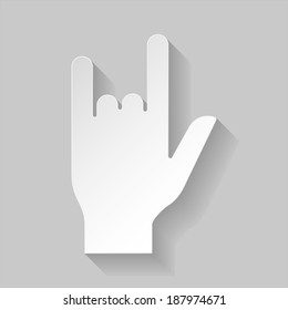 Illustration of devil horn gesture in paper style on grey background