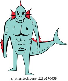 Illustration eines Teufels. Skizze eines Superhelden mit einem Hai auf weißem Hintergrund