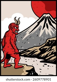 illustration for devil themed t-shirt design with simple Japanese nuances of mount fuji background