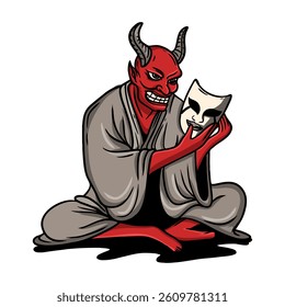 illustration of devil wearing traditional Japanese clothes and holding a human mask on a white background