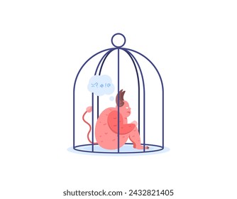 illustration of a devil who is sitting and feeling annoyed because he is locked up. Satan is imprisoned in iron bars or a cage. get punished. flat style illustration design. graphic elements. vector